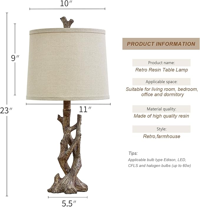 OYEARS 23" Rustic Farmhouse Table Lamp Country Cottage Lamps for Nightstand Tree Trunk Wood Grain
