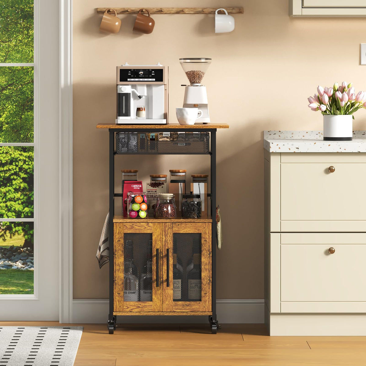 3 Tier Slim Rolling Coffee Cart with 2-Door & Pull-Out Wire Basket Drawer, Coffee Bar Cabinet on
