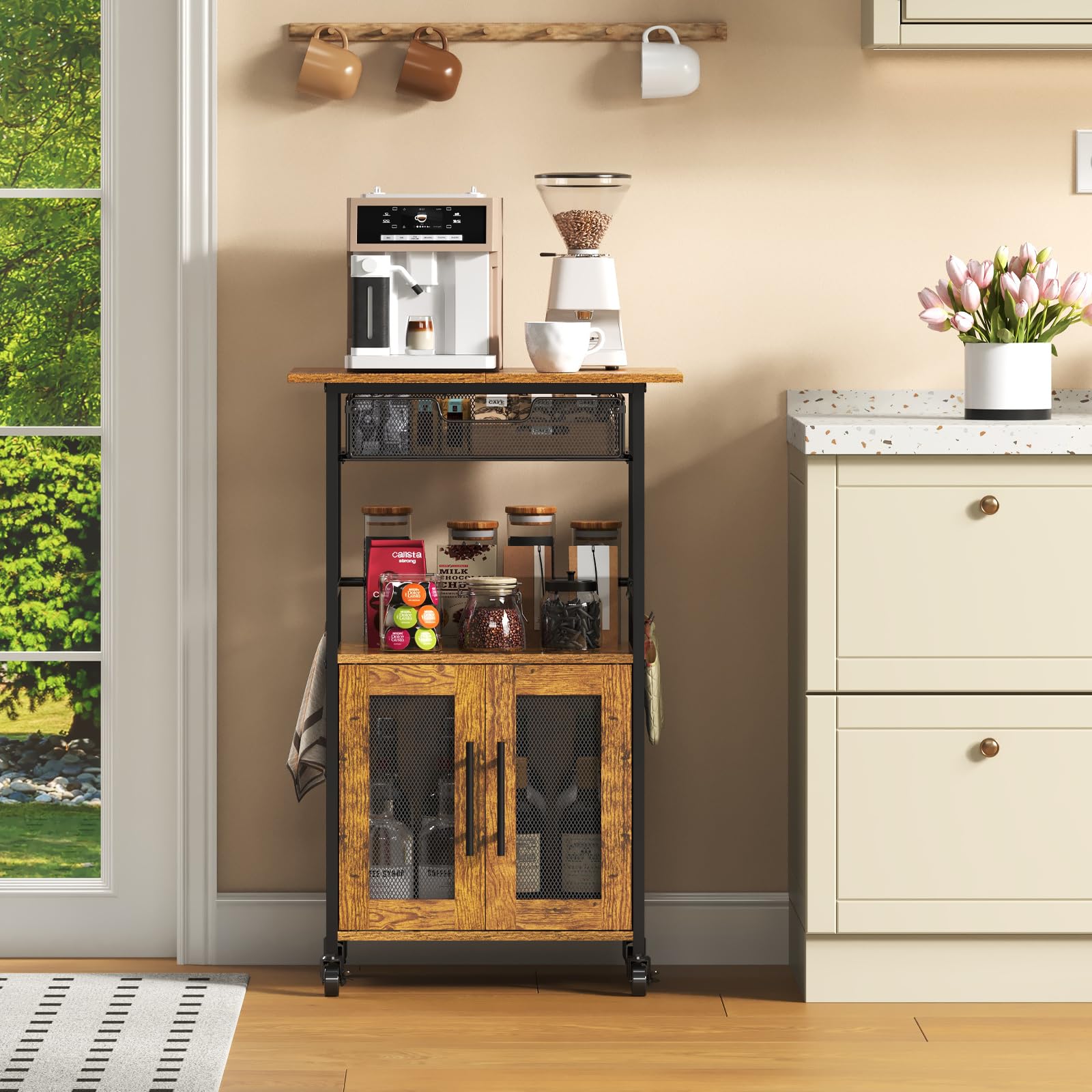 3 Tier Slim Rolling Coffee Cart with 2-Door & Pull-Out Wire Basket Drawer, Coffee Bar Cabinet on