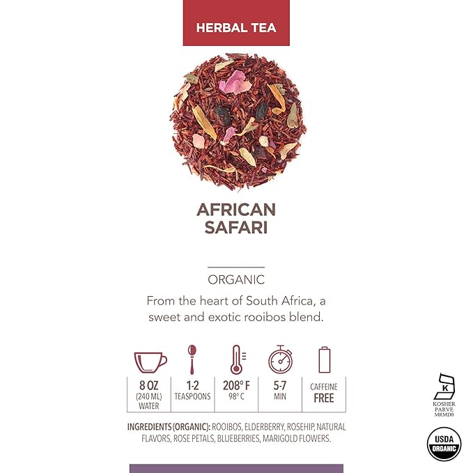 Teabloom Organic Herbal Tea, African Safari Loose Leaf Tea, Sweet Rooibos Blend with Berry Flavors