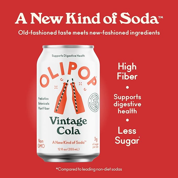 OLIPOP Prebiotic Soda Pop, Vintage Cola, Pantry Pack Packed with Prebiotics, Fiber, and Botanicals
