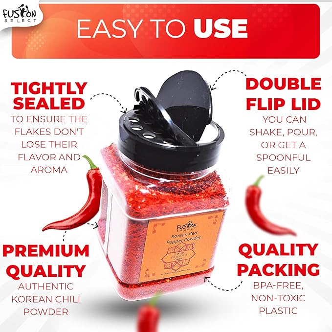 Fusion Select Korean Non-GMO Red Chili Pepper Flakes Powder, Gluten Free, Premium Gochugaru for