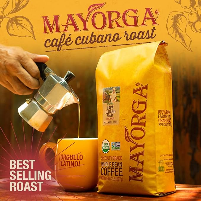Mayorga Organic Coffee 12oz Cafe Cubano Roast - Dark Roast Whole Bean Coffee Specialty Grade, 100%