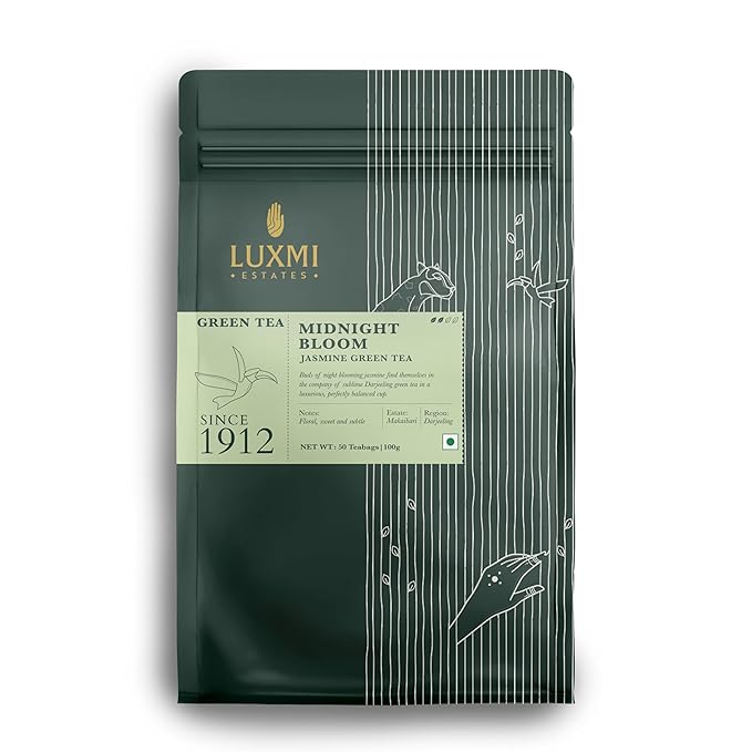 Luxmi Estates Midnight Bloom Organic Jasmine Tea (50 Tea Bags) Mildly Caffeinated Tea Bags For