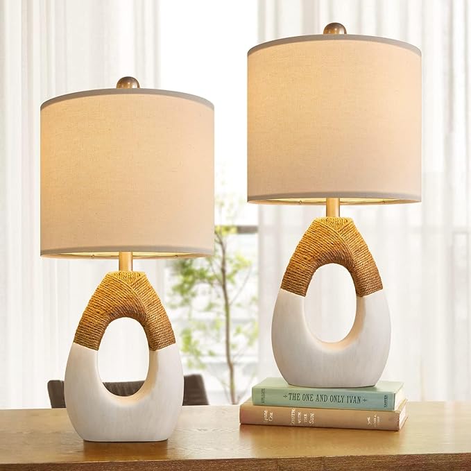 OYEARS Boho Table Lamps Bedroom Living Room Set 2 Small Farmhouse Rattan Table Lamp 19”Rustic Home