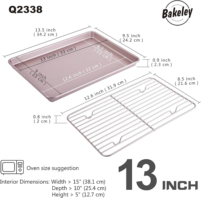 13-inch Baking Sheet Pan with Rack, Non-Stick Rectangular Shallow Dish Sheet Pan with Wire Rack for