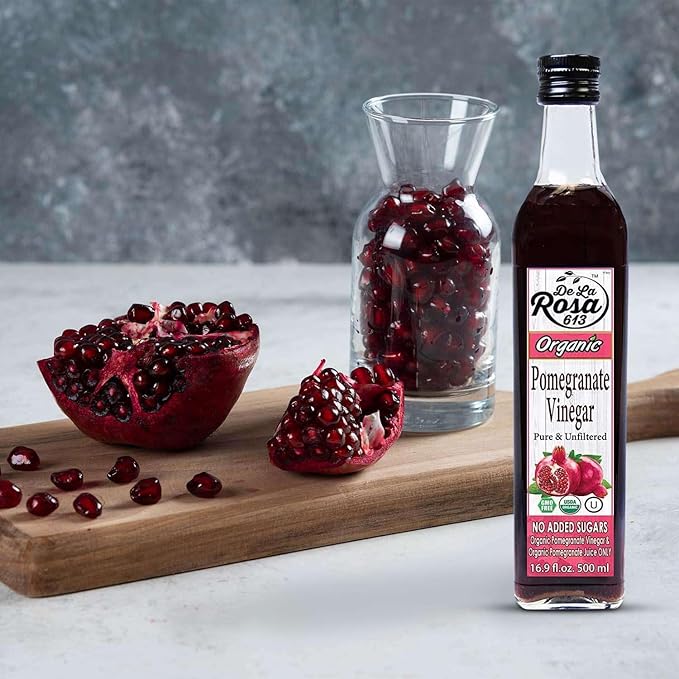 De La Rosa Organic Pomegranate Vinegar, Pure & Unfiltered, Vegan, Gluten Free & Kosher, Great for