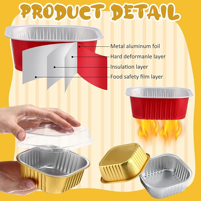 Aoriher 150 Pieces 10 oz Mini Cake Pans with Lids Aluminum Foil Baking Cups Square Disposable 4" x