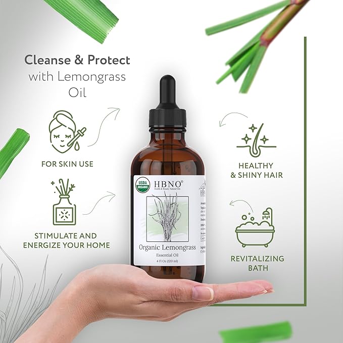 HBNO Organic Lemongrass Essential Oil - Huge 4 oz (120ml) Value Size - USDA Certified Organic