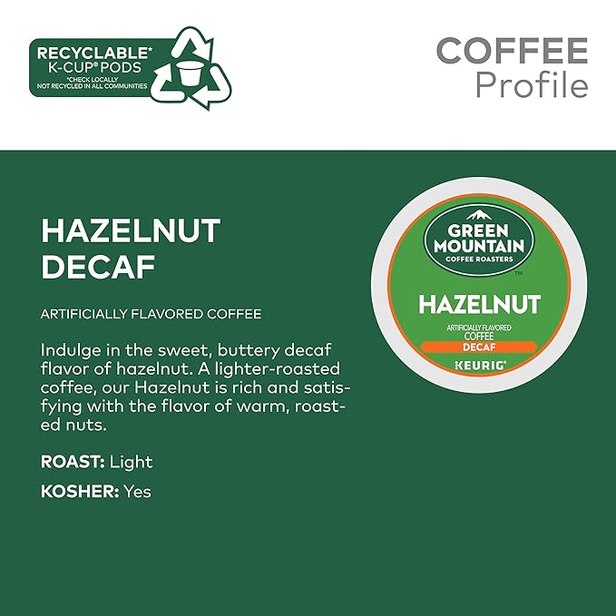 Green Mountain Coffee Roasters Hazelnut Decaf Coffee, Keurig Single-Serve K-Cup pods, Light Roast