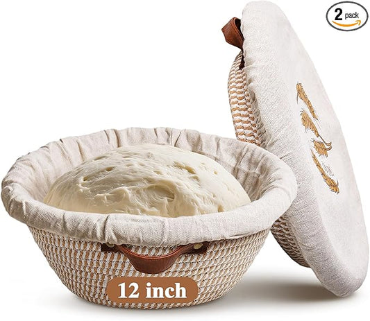 12 Inch Large Cotton Rope Banneton Bread Proofing Basket Set, 2 Pack Round Sourdough Bread Baking