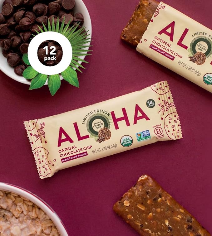 ALOHA Organic Plant Based Protein Bars - Oatmeal Chocolate Chip - 12 Count, 1.9oz Bars - Vegan