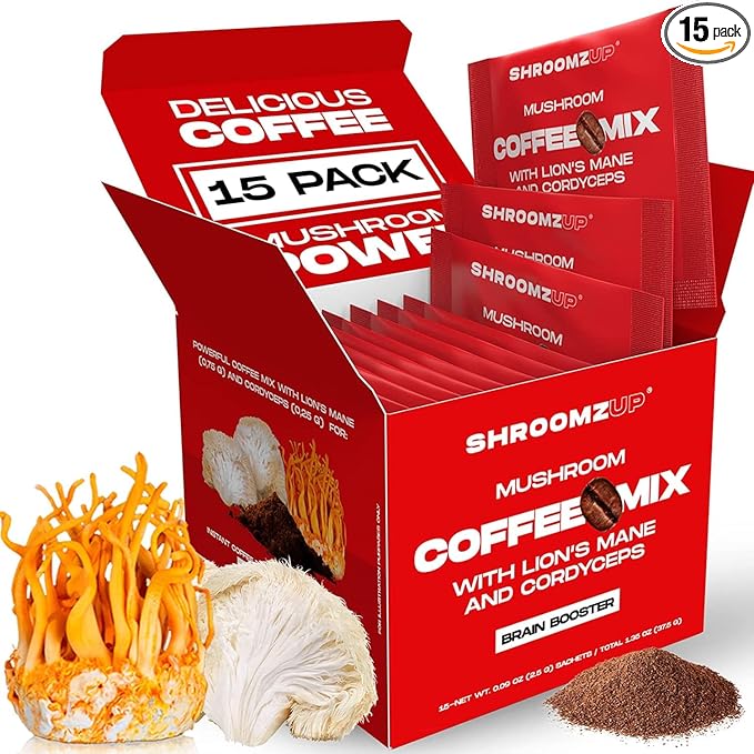 ShroomzUp Vegan Mushroom Coffee, Arabica Instant Coffee Mix With Lions Mane and Cordyceps for