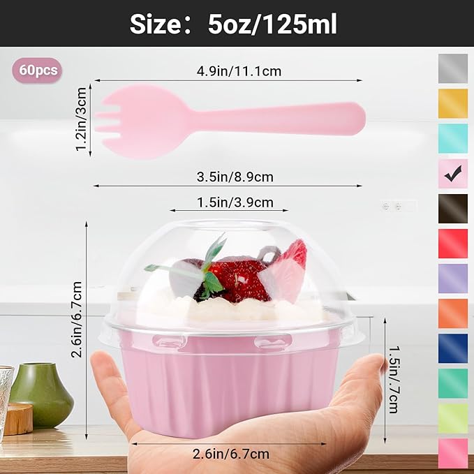EUSOAR Disposable Creme Brulee Ramekins and Pink Spoons, 60pcs 5oz Mini Cake Cheesecake Pans with