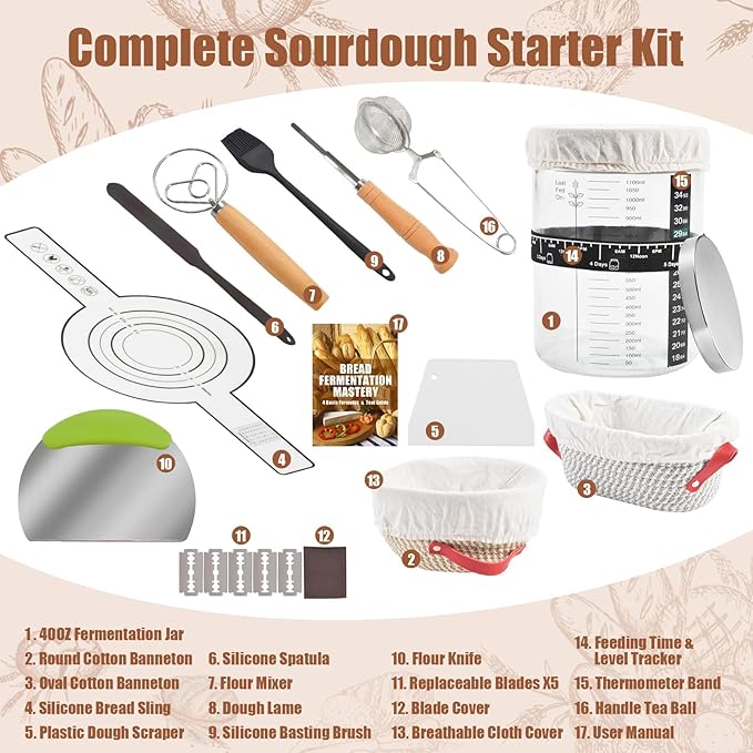 Sourdough Starter Kit, Sourdough Bread Baking Supplies with with 40oz Jar, 10" & 11" Cotton