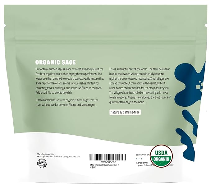 J Mac Botanicals, Organic Rubbed Sage (2 oz), Certified USDA Organic, Dried Rubbed Sage Leaf.