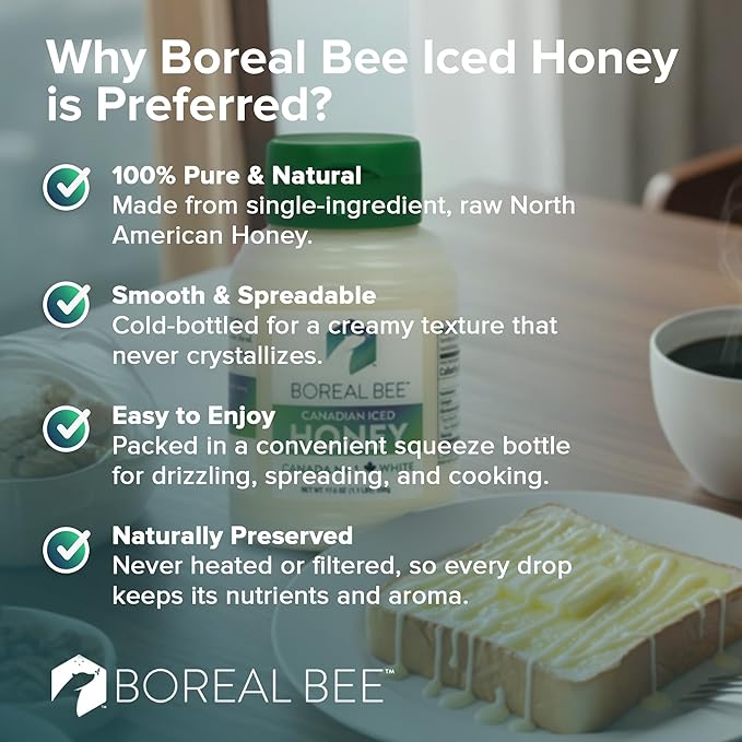 Boreal Bee Canadian Iced Honey – Smooth White Creamed Honey from Prairie Wildflowers Like Clover &