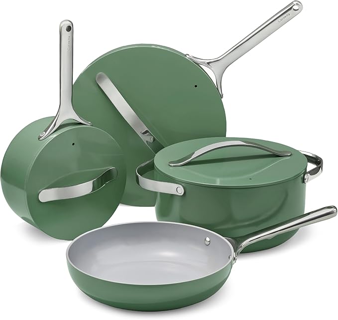 Caraway Nonstick Ceramic Cookware Set (12 Piece) Pots, Pans, Lids and Kitchen Storage - Non Toxic