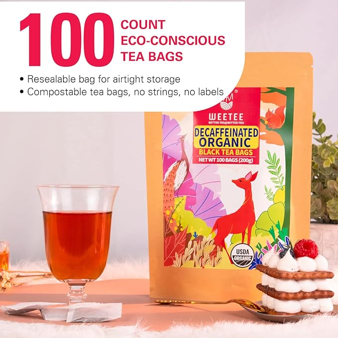 WT WEETEE Organic Decaf Black Tea Bags, Organic Black Tea 100 Count | Smooth & Mild Taste |