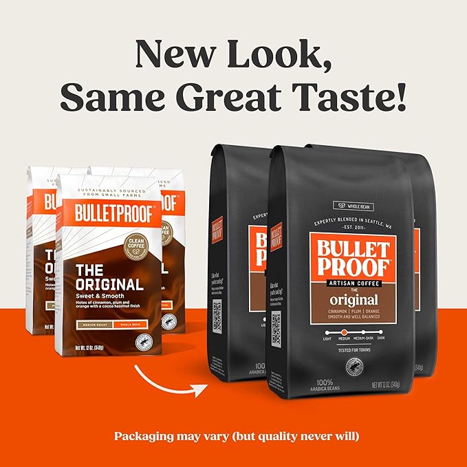 Bulletproof Original Medium Roast Whole Bean Coffee, 12 Ounces (Pack of 3), Clean Coffee Tested for