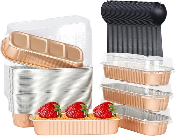 LNYZQUS Disposable Mini Cake Pans with Lids 50 Pack, 6.8oz Rectangle Baking Cups Muffin Tins