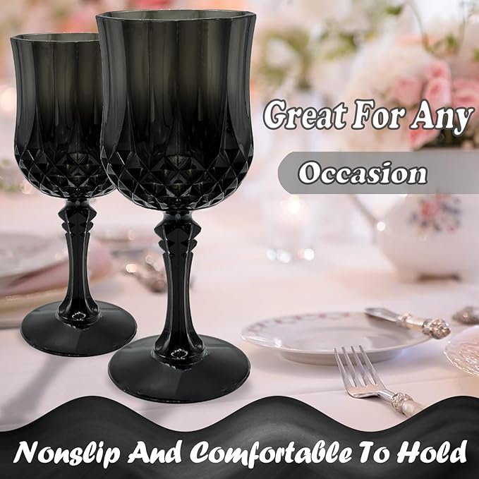 24 PCS Black Plastic Wine Glasses,Reusable Plastic Wine Glasses,Black Goblet Glass,Durable and