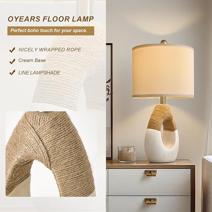 OYEARS 22” Boho Table Lamps for Bedroom Living Room Upgraded Set of 2 Medium Farmhouse Rattan Table