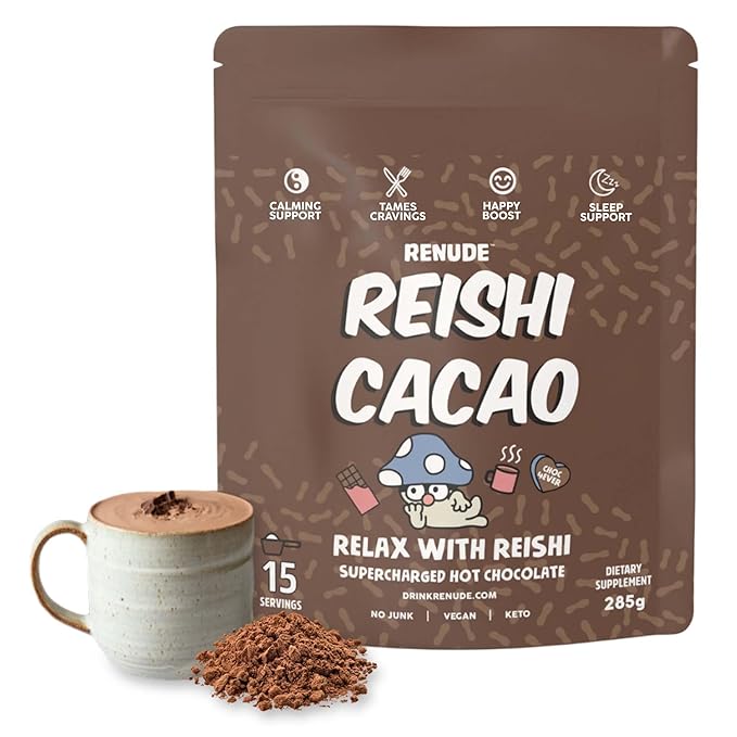Renude Reishi Cacao – Mushroom Hot Chocolate Mix, Coffee Alternative with Magnesium, Organic Cacao