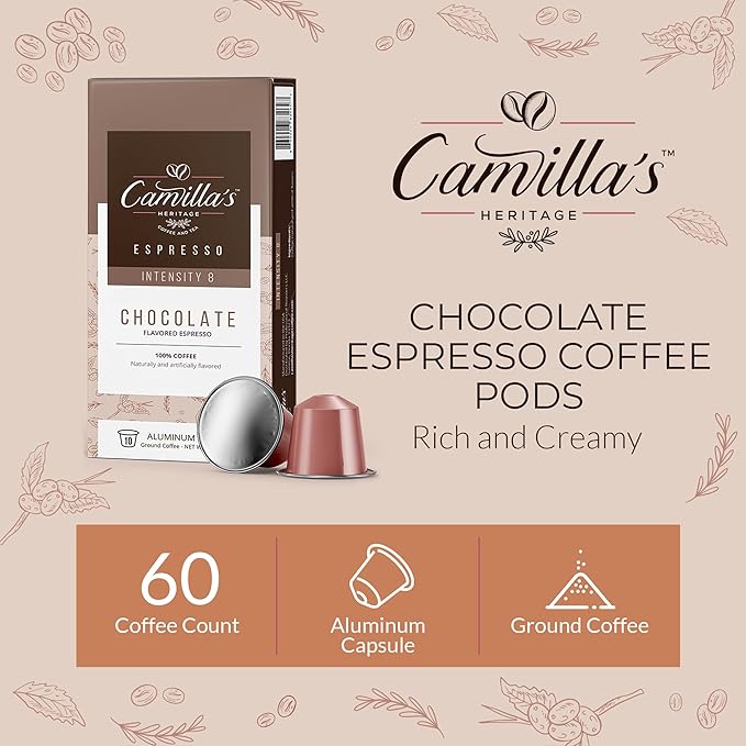 Camilla’s Heritage - Intensity 8 Chocolate Flavored Espresso Coffee, Gourmet Espresso Cups, 60