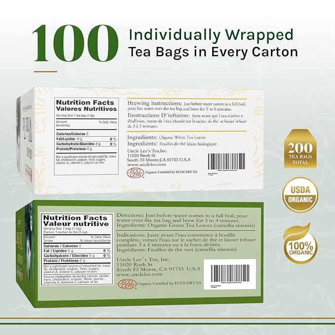 Uncle Lee's Organic White & Green Tea Variety 2-Pack (206 Individually Wrapped Bags) – Lightly