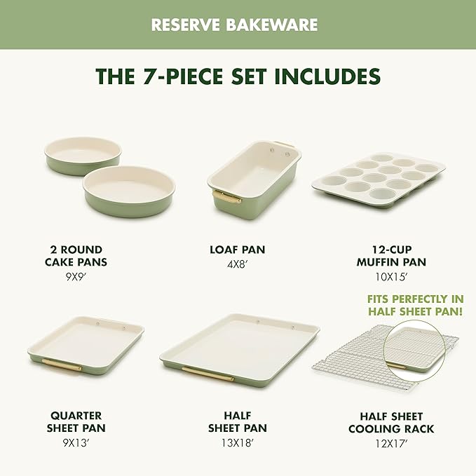 GreenPan Bakeware Set, 7 Piece Nonstick Ceramic Gold Handle Baking Sheets, Cake Pans, Loaf Pan
