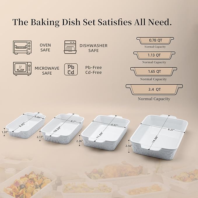 Casserole Dishes for Oven, Baking Dishes, Ceramic Bakeware Sets of 4, Rectangular Baking Pan Set
