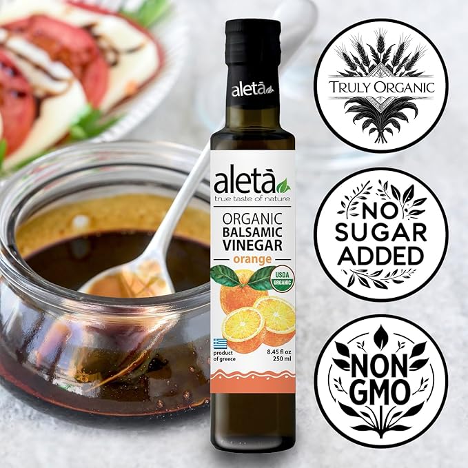 Aleta Farms Balsamic Vinegar, Greek Organic Orange Infused Aged Balsamic Vinegar, USDA Organic