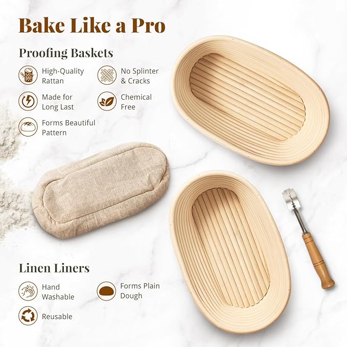 Sourdough Starter Kit, Sourdough Bread Baking Supplies with 2 Pcs 10" Oval Banneton Bread Proofing