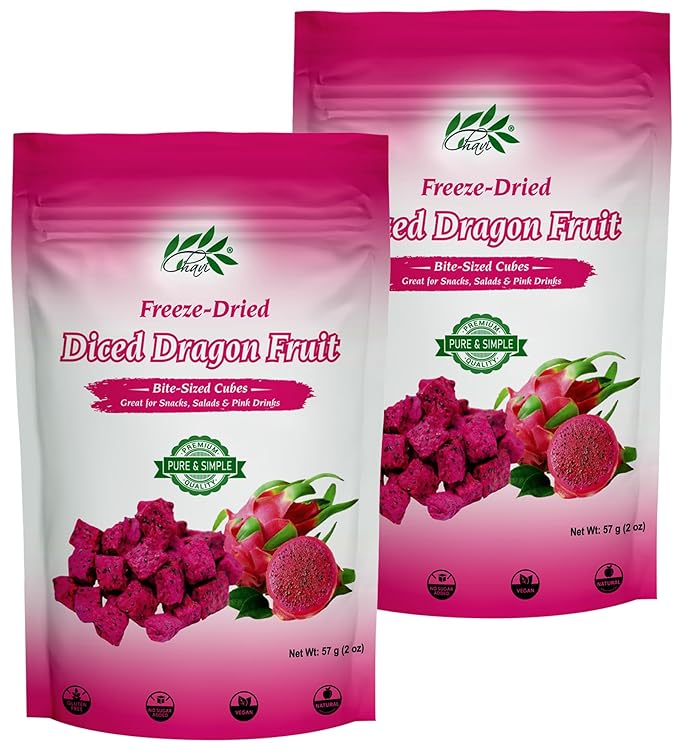 CHAVI Freeze-Dried Diced Dragon Fruit Snack - Pack of 2 x 2 oz - Healthy 1 Ingredient Superfood