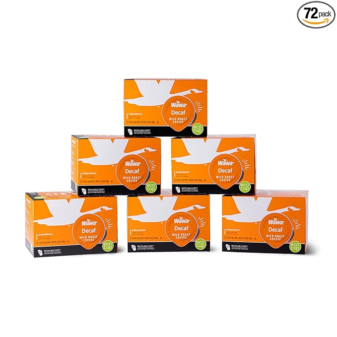 Wawa Mild Roast Single Cup Decaf Coffee Pods, 72 Pods, 6 Boxes, Regular Smooth & Balanced Classic
