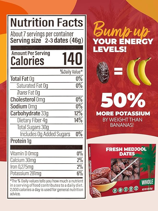 Natural Delights Medjool Dates Whole - Non-GMO Verified Fruit, Good Source of Fiber & Potassium