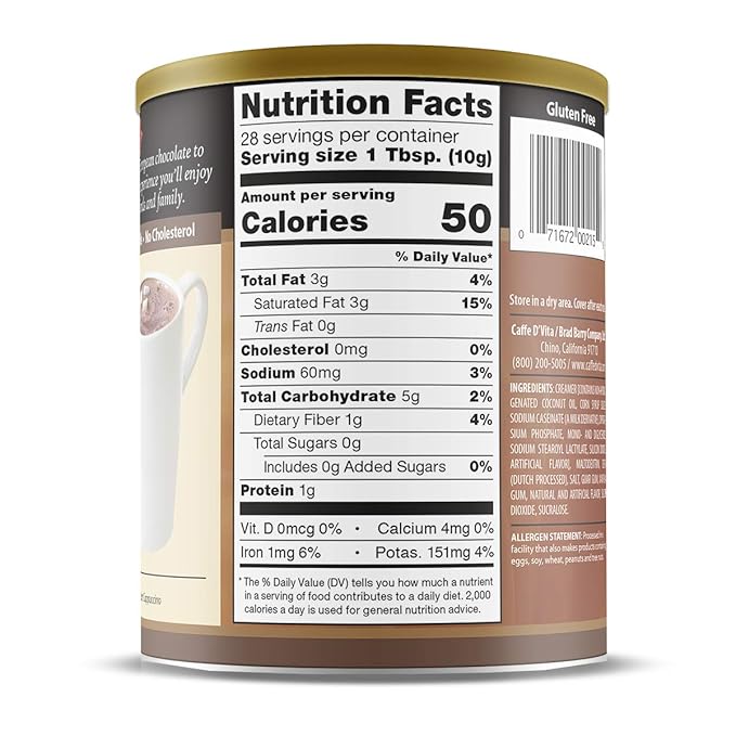 Caffe D'Vita Sugar Free Hot Cocoa Mix - Sugar Free Hot Chocolate Mix, Gluten Free, Low Fat, No
