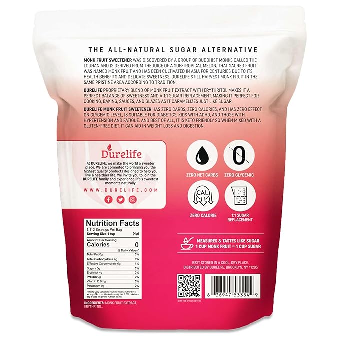 Durelife Golden Monk Fruit Sweetener, 1:1 Sugar Replacement, Keto Diet Friendly, Zero Calorie