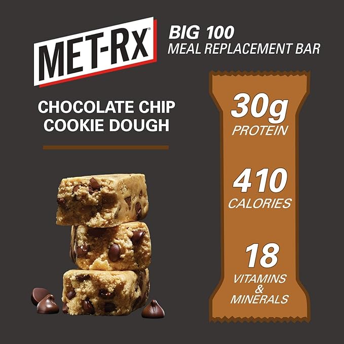 MET-Rx Big 100 Colossal Protein Bars, Chocolate Chip Cookie Dough Meal Replacement Bars, 9 Count