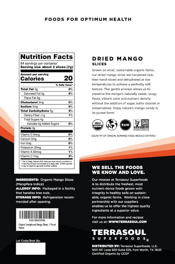 Terrasoul Superfoods Organic Dried Mango Slices, 16 Oz - Naturally Sweet & Tart | No-Added Sugar |