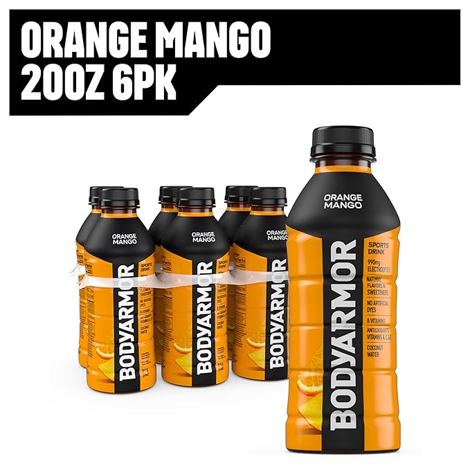 BODYARMOR Sports Drink Sports Beverage, Orange Mango, Coconut Water Hydration, Natural Flavors With Vitamins, Potassium-Packed Electrolytes, Perfect For Athletes, 20 Fl Oz (Pack of 6)