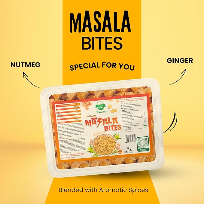 Danodia Foods Organic MASALA JAGGERY Bites/Blocks (450g/16 oz) | Ginger & Cardamom Infused | Gluten