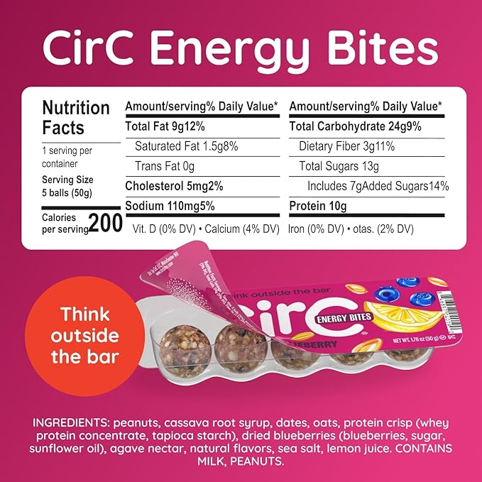 CirC Energy Bites - 12 Pack Lemon Blueberry Gluten Free Protein Balls - 10g Protein, Whole Grains