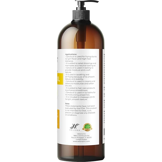 velona Canola Seed Oil 32 fl oz | 100% Pure and Natural Carrier Oil | Refined, Expeller pressed |
