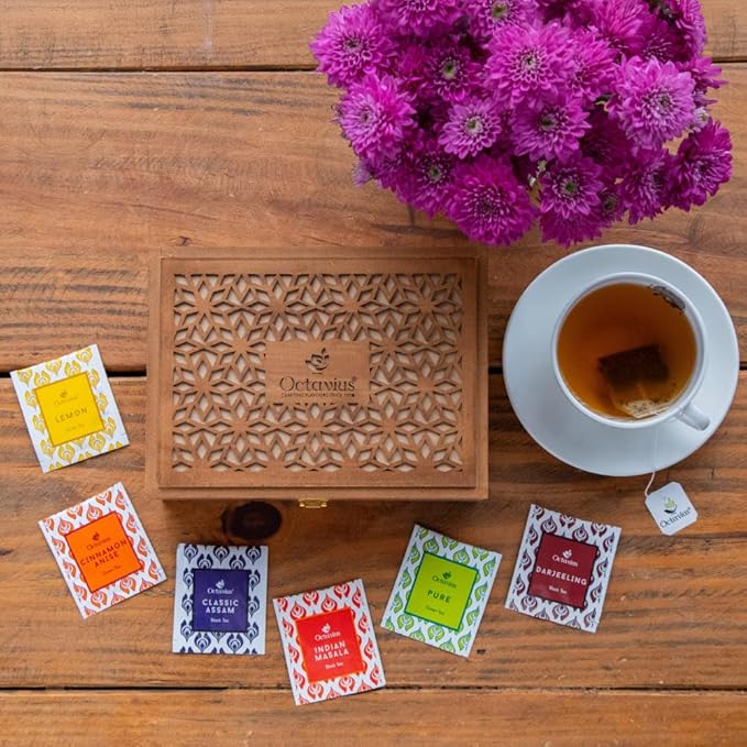 Octavius Floral Cutwork Wooden Tea Sampler Box | Tea Variety Pack Sampler | Green & Black Tea