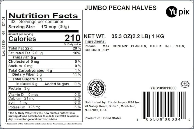 Yupik Jumbo Pecans, Halves, 2.2 lb (35.2 oz), Kosher, Gluten-Free, Raw Nuts, Half Pieces, Unsalted