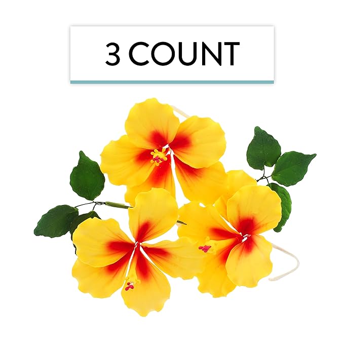 Global Sugar Art Hibiscus Sugar Cake Flowers, Yellow with Red, 3 Count with Leaves by Chef Alan