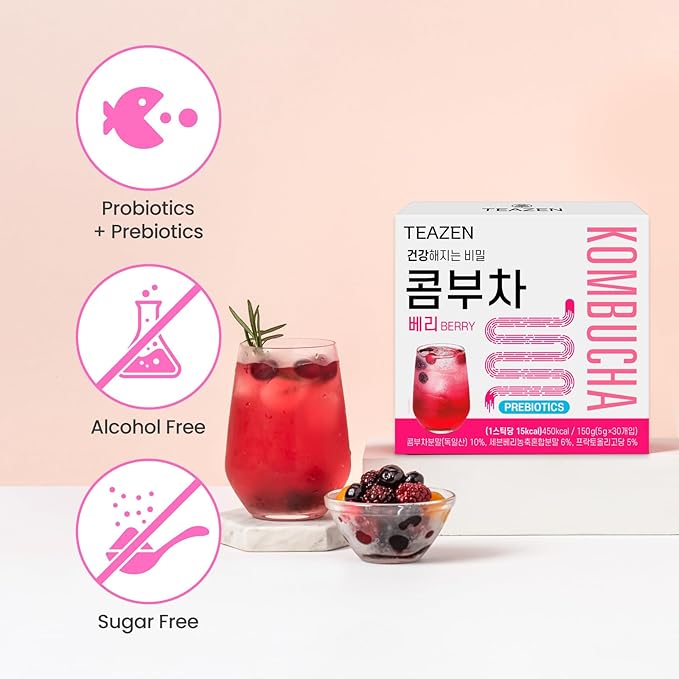 TEAZEN Berry Kombucha Tea, Hydration Drink Mix, Sugar Free, Live Probiotics & Prebiotics, 30
