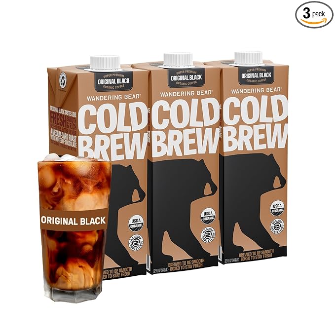 Wandering Bear Straight Black Organic Cold Brew Coffee, 32 fl oz, 3 pack - Extra Strong, Smooth